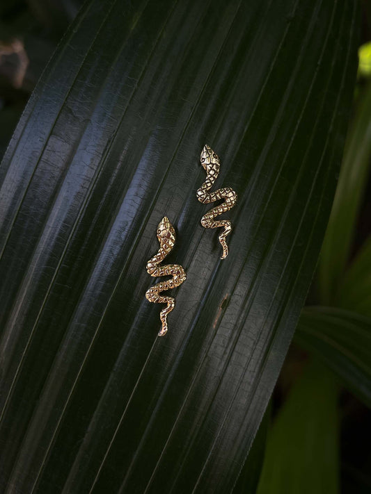 Patterned Snake Earrings in Brass