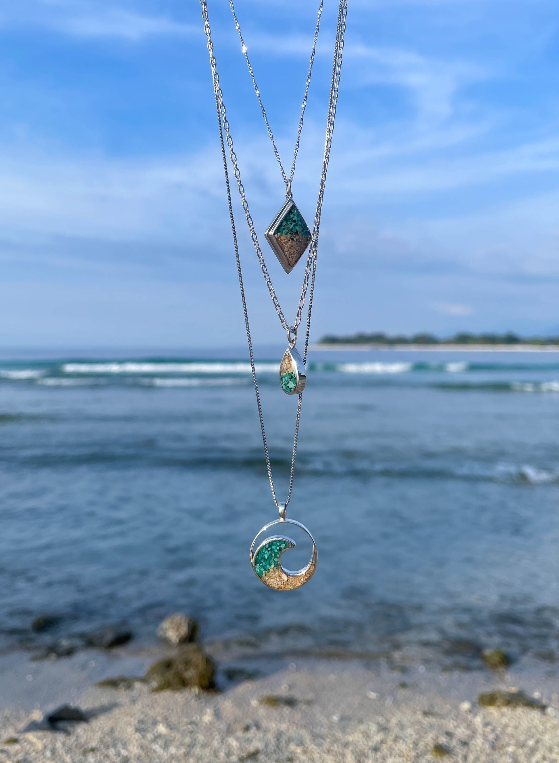 I Miss Bali Sand Jewellery, Bingin Beach Pendant Necklace with ocean in the background, Handmade in Bali