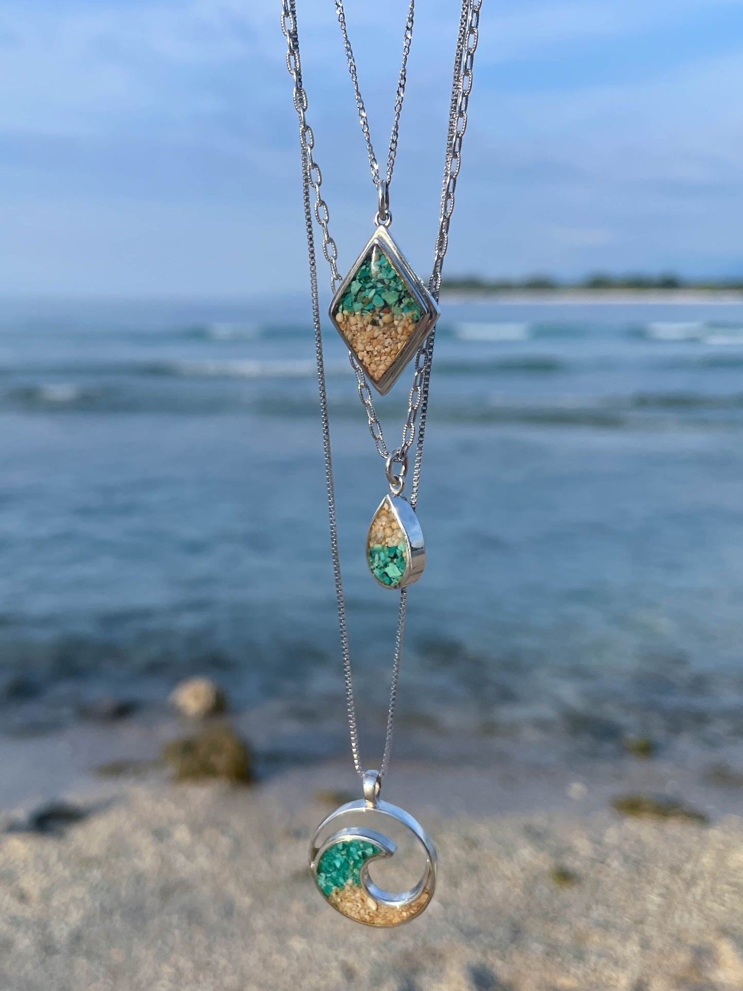 I Miss Bali Sand Jewellery, Sanur Small Pendant Necklace with ocean behind,  Handmade in Bali