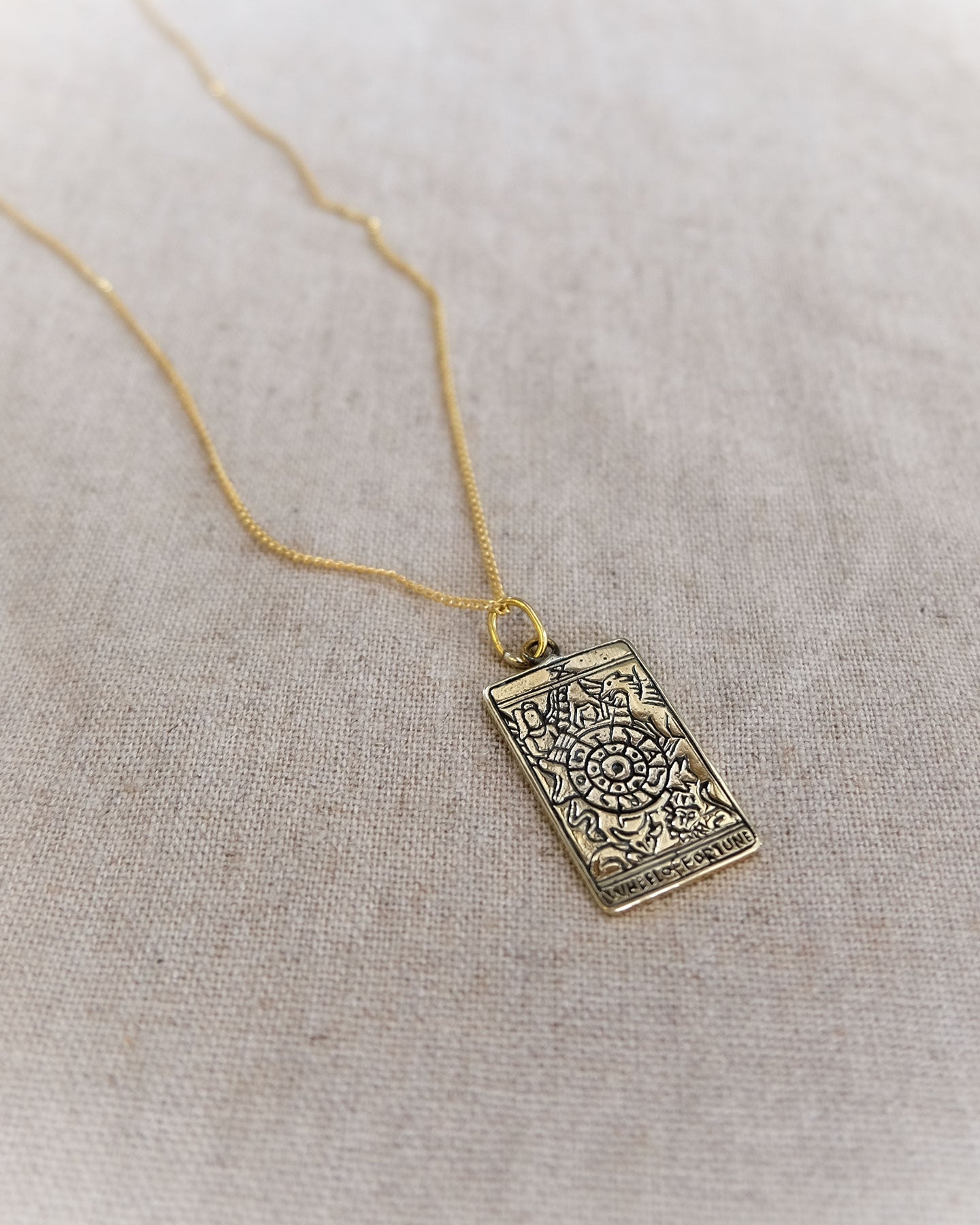 Wheel of Fortune Tarot Card Pendant in Brass