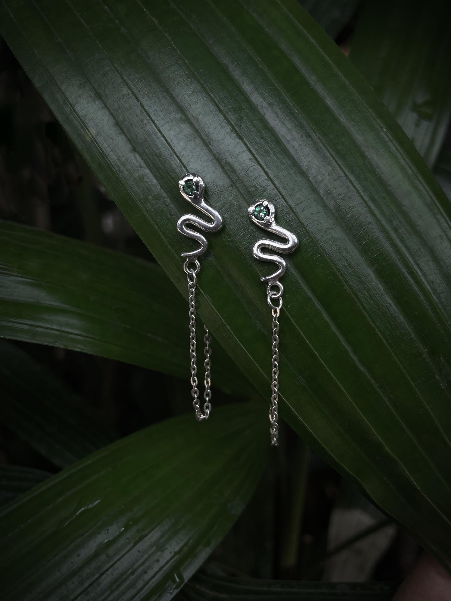 Snake Stone Chain Earrings in Silver